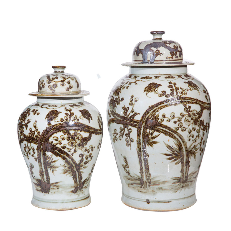 Brown Magpie on Plum Branch Porcelain Temple Jar