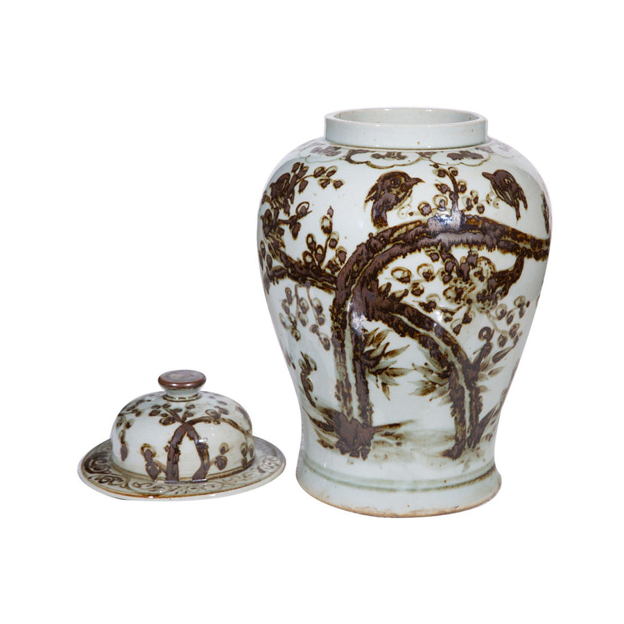 Brown Magpie on Plum Branch Porcelain Temple Jar