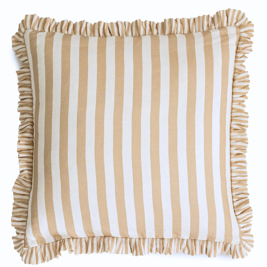 Beige Ruffle Stripe Linen Cushion Cover