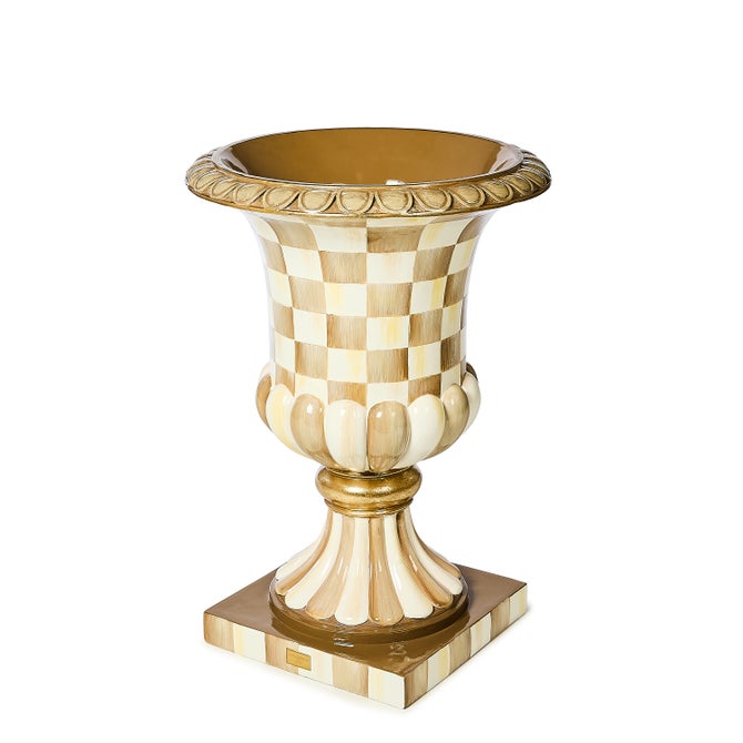 Mackenzie Childs Mocha Check Pedestal Urn