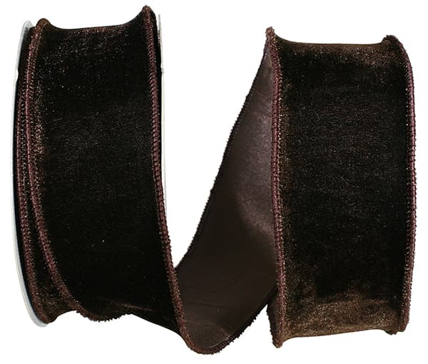 Plush Velvet Wire-Edge w/ Dupioni Backing Ribbon, Brown, 2.5"