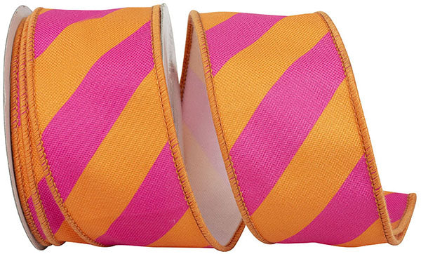 Diagonal Striped Wire-Edge Ribbon, Pink/Orange, 2.5"