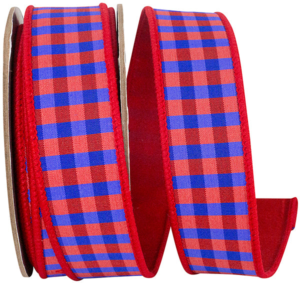 Red and Blue Checked Wire-Edge Ribbon, 1.5"