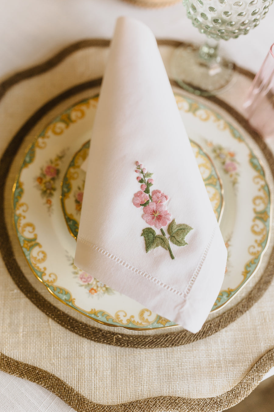 Embroidered Hollyhock Dinner Napkin - s/4