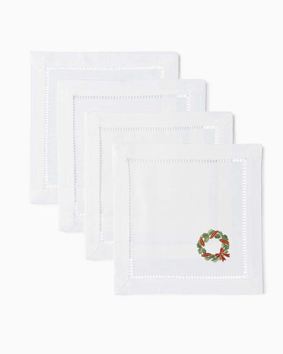 Holly Ribbon & Wreath Cocktail Napkins, s/4