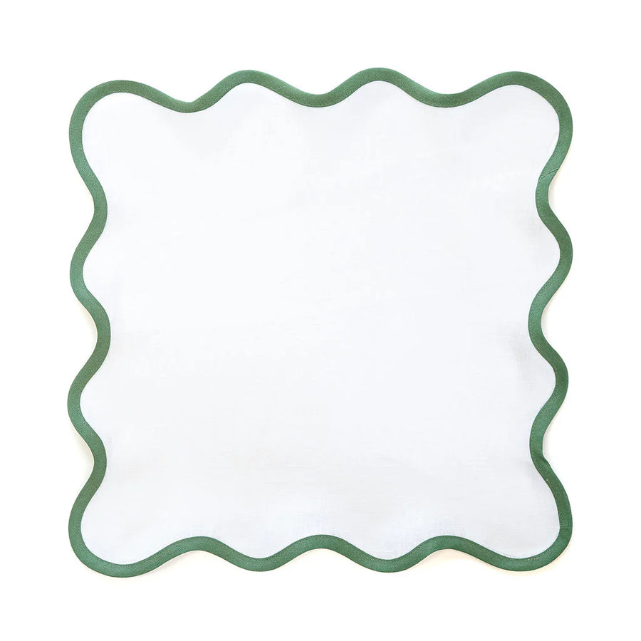 Linen Scalloped Square, Lily White w/ Palm Green Border