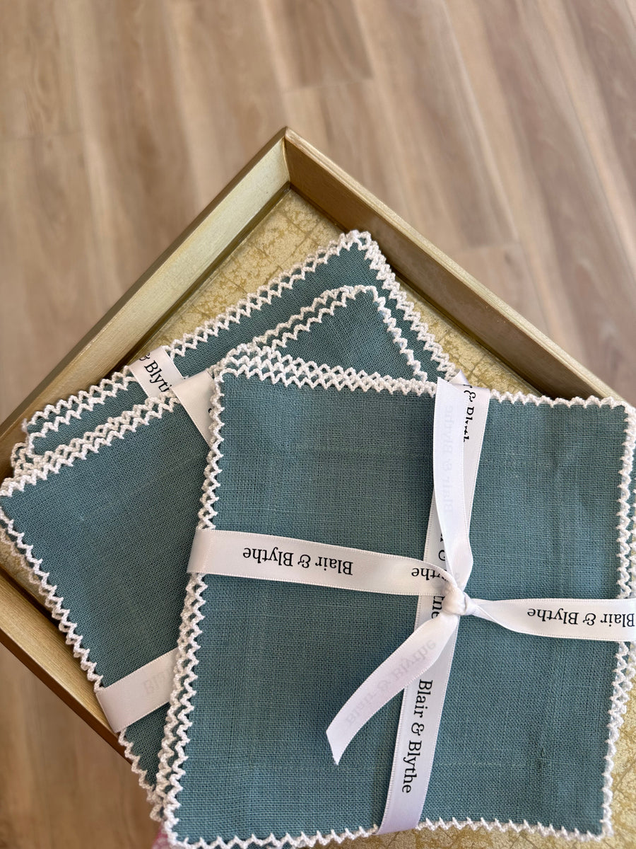 Picot Edge Cocktail Napkins, chambray and white s/4