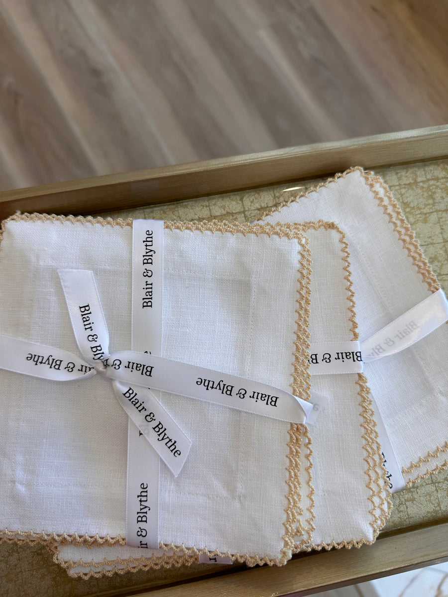 Picot Edge Cocktail Napkins, White and Natural s/4