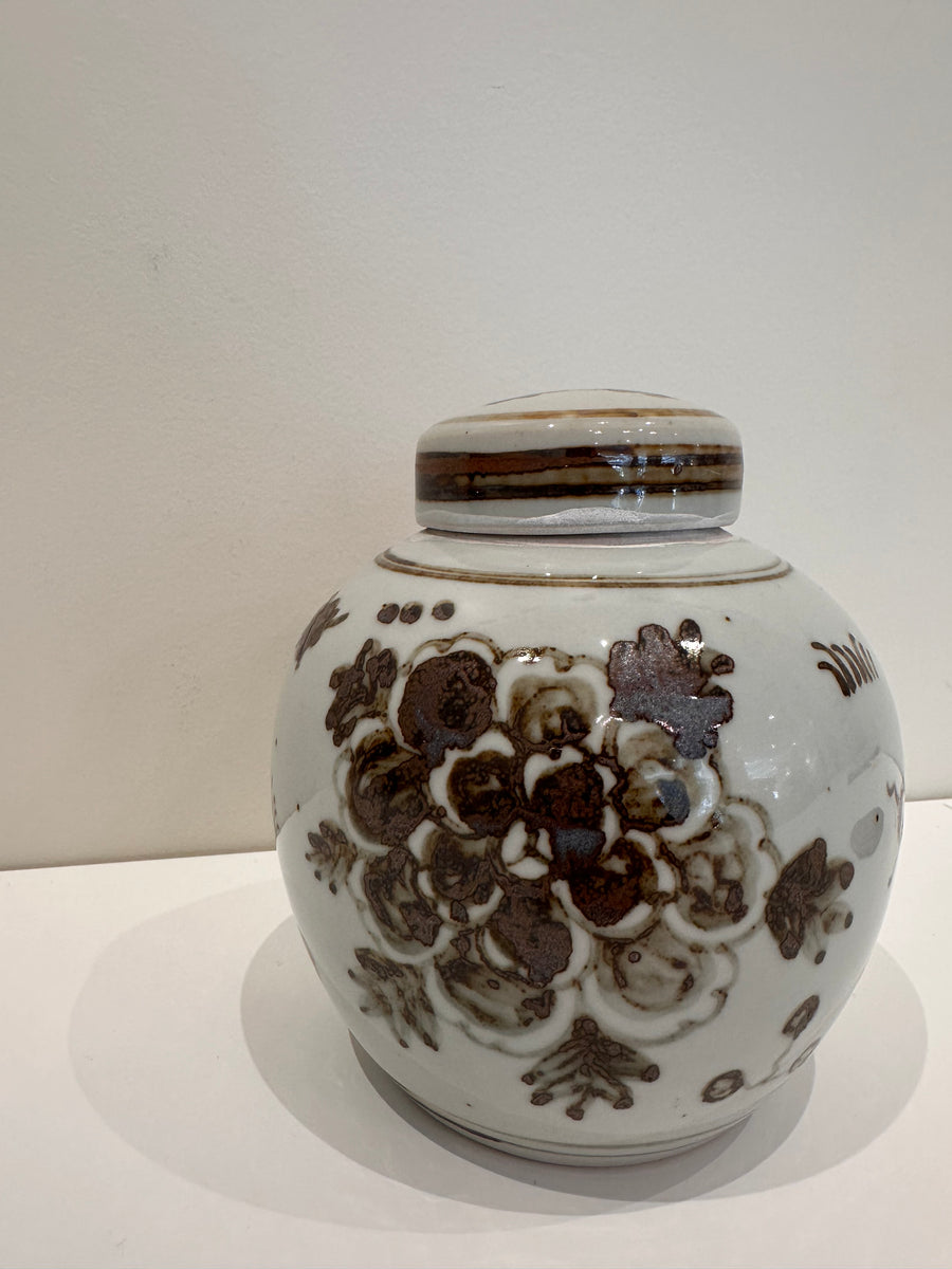 Brown & White Peony Mini Porcelain Jar