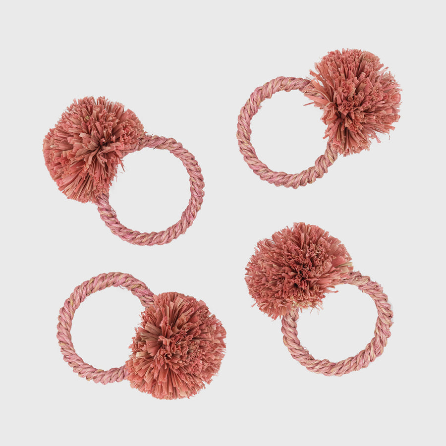 Straw Pompom Napkin Rings, s/4