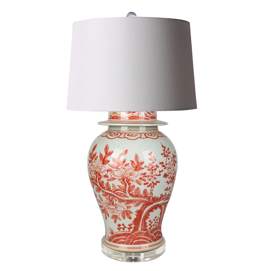 Legend of Asia Coral Red Plum Tree Temple Jar Table Lamp