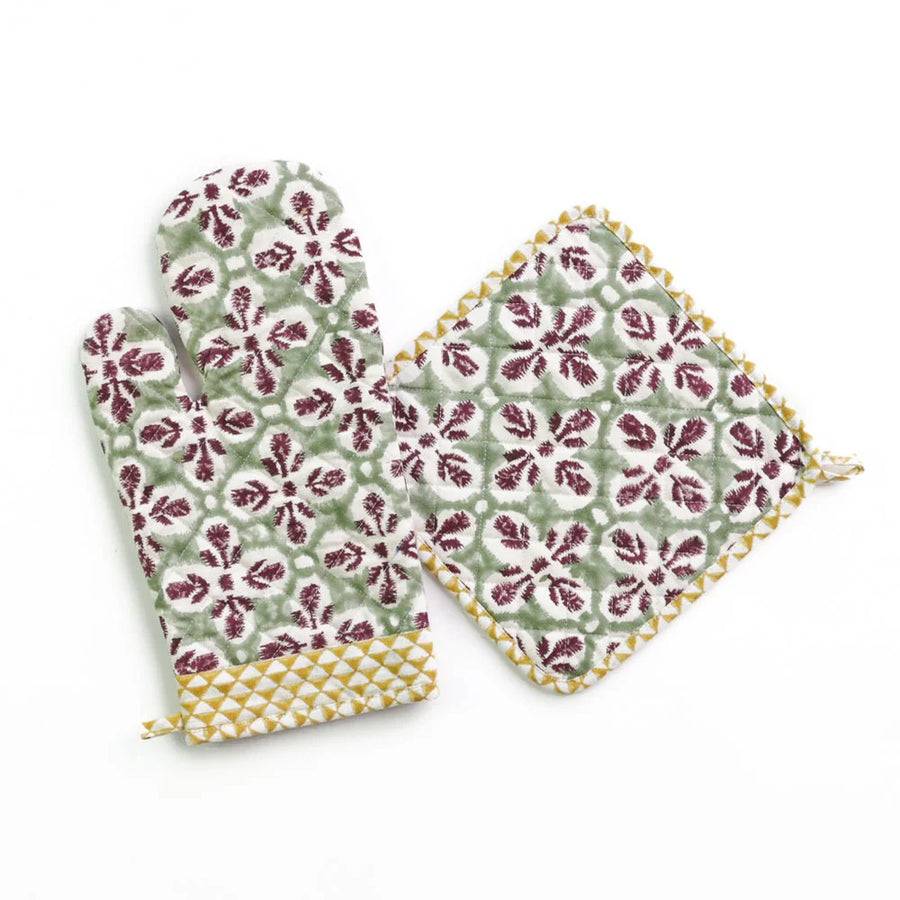 Fleur De Lis Antique Jade Oven Mitt Set