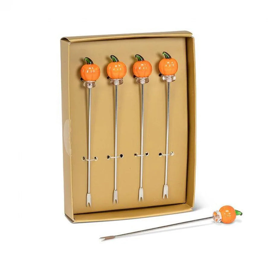 Appetizer Picks with Hand-Blown Glass Pumpkins, Boxed Set of 4