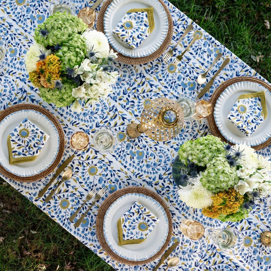 Starflower Blue & Ochre Tablecloth, 60 x 90