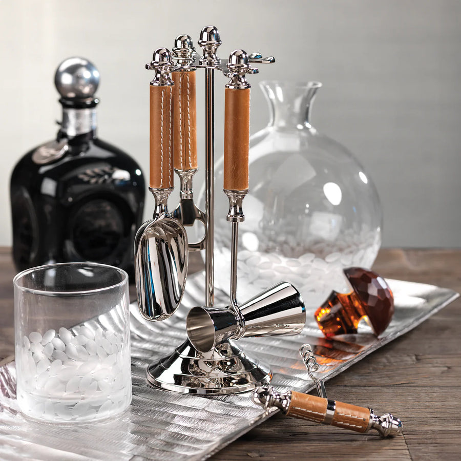 Polished Nickel and Leather Bar Tool Set