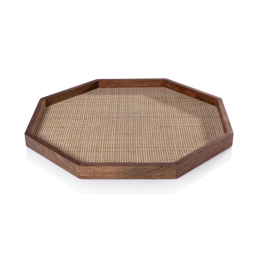 Mango Wood with Rattan Inlay Octagonal Tray