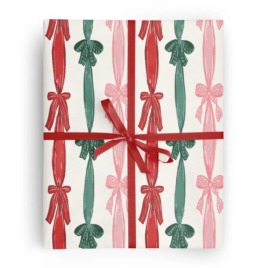 Red & Green Bows and Stripes Wrapping Paper Roll