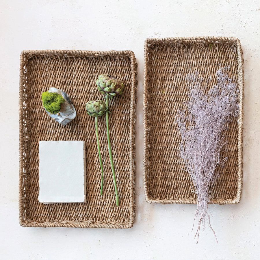 Decorative Hand-Woven Water Hyacinth & Rattan Tray