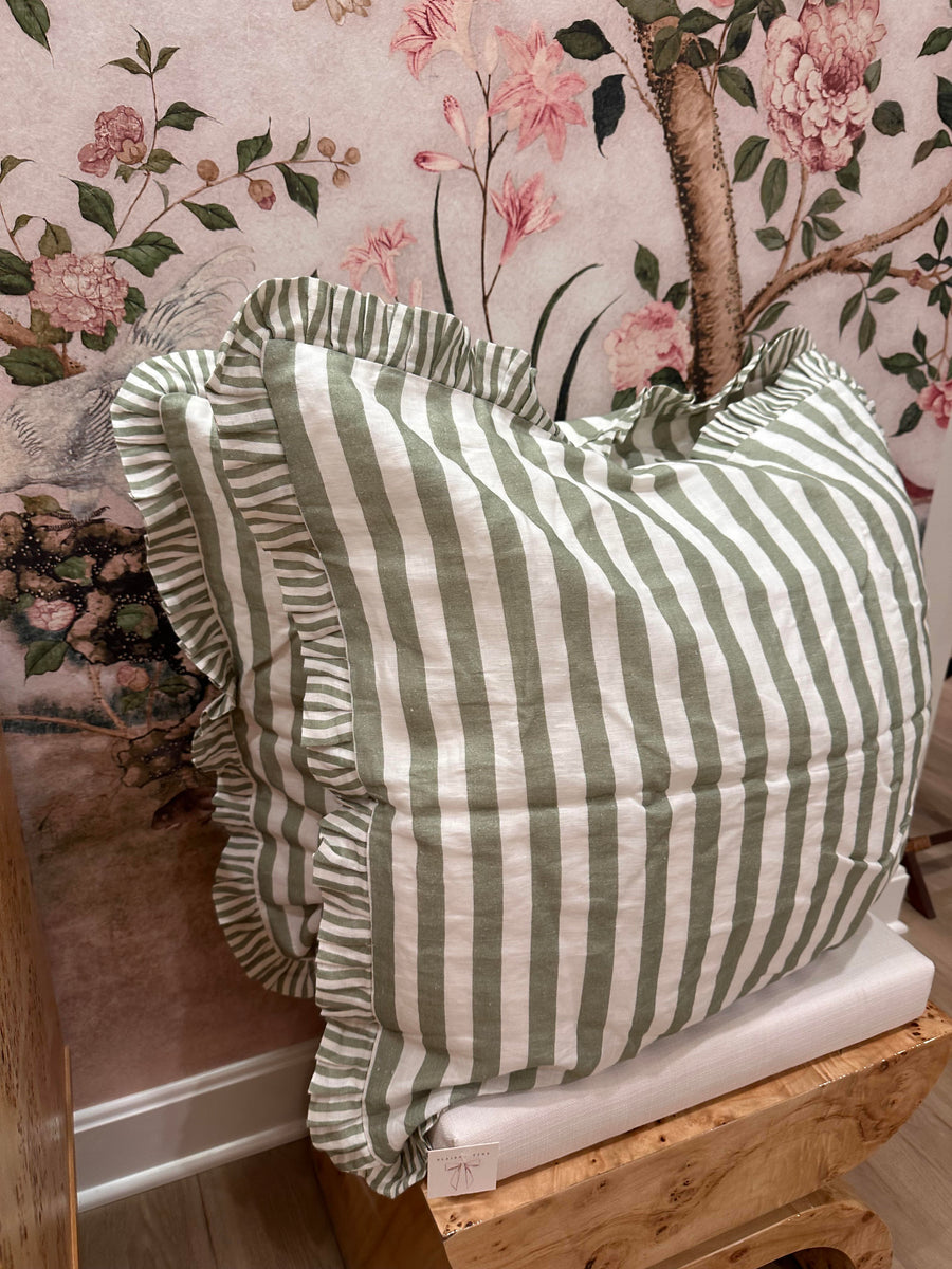 Sage Ruffle Stripe Linen Cushion Cover