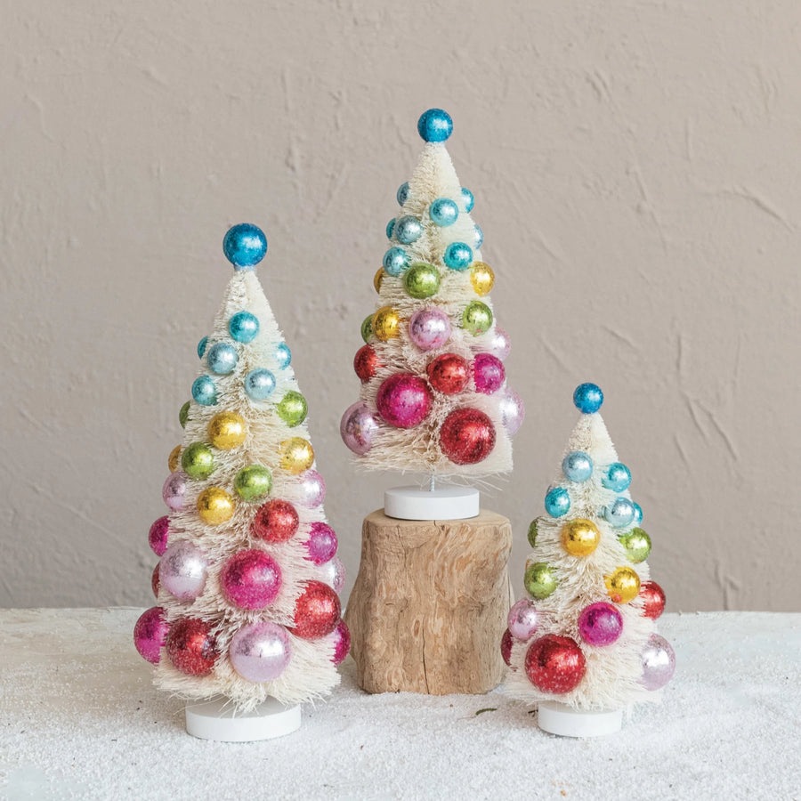 Sisal Bottle Brush Trees w/ Ornaments & Wood Bases, Set of 3