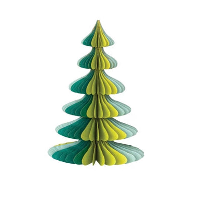 Decorative paper Christmas tree with green and yellow layers on a white background