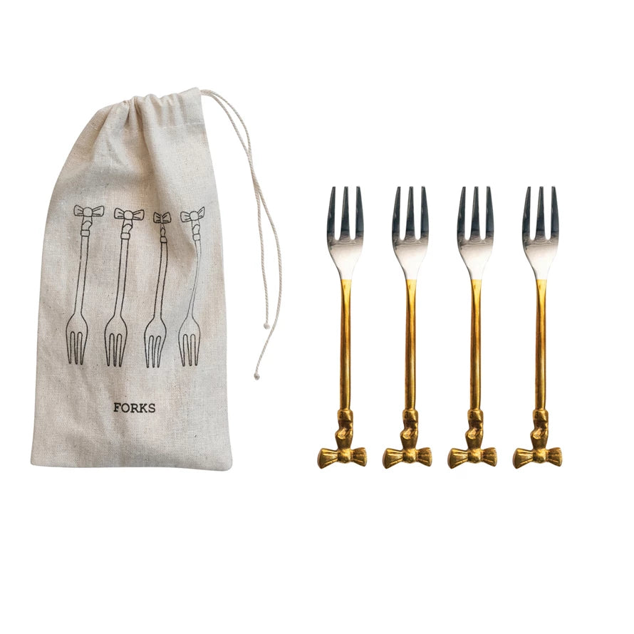 Appetizer Forks with Gold Finish Bow Handles, Set of 4