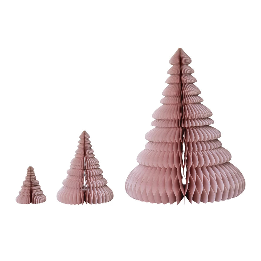 Handmade Folding Honeycomb Trees with Gold Glitter Edges, Pink, Set of 3