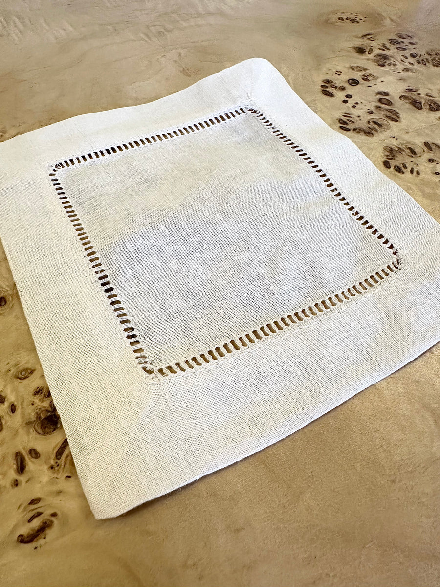 Hemstitched Linen Cocktail Napkin - Ivory s/4