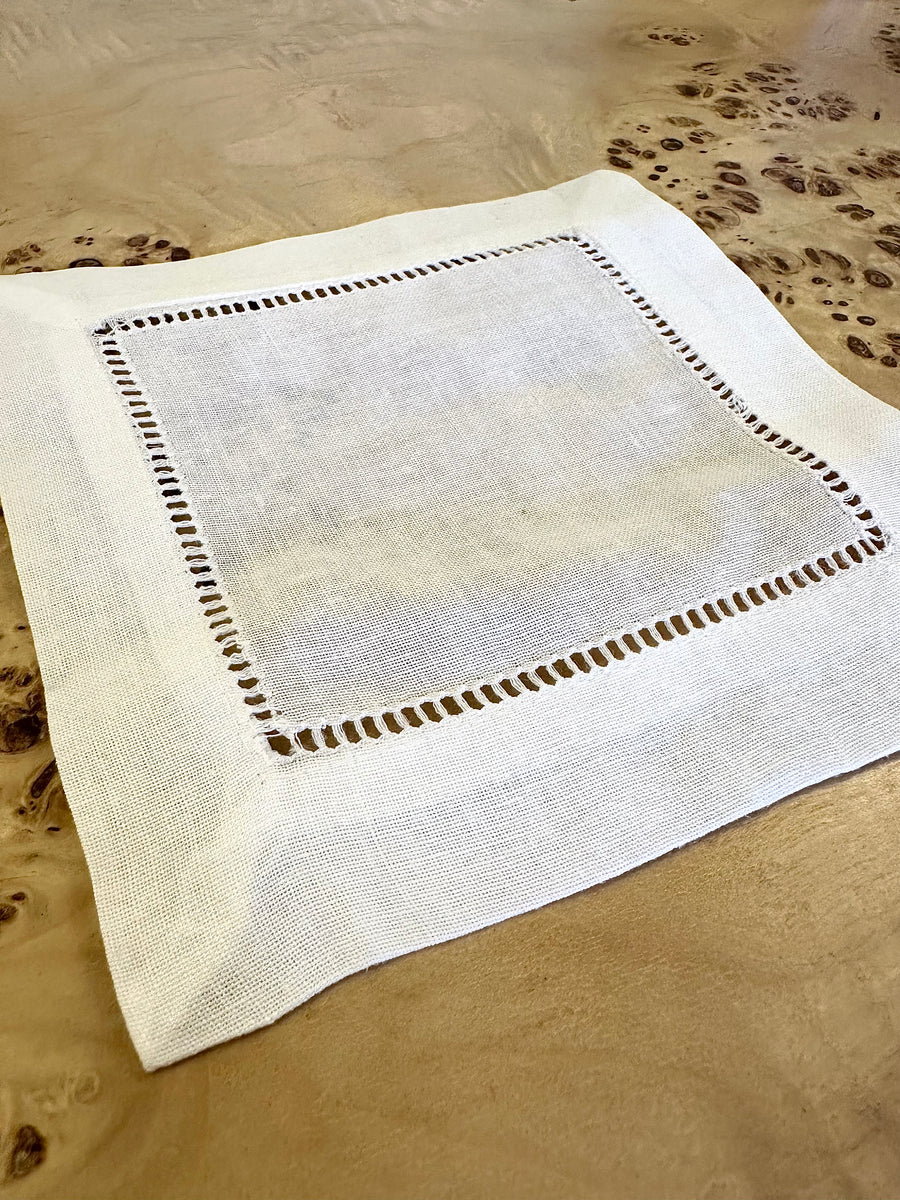 Hemstitched Linen Cocktail Napkins - White s/4